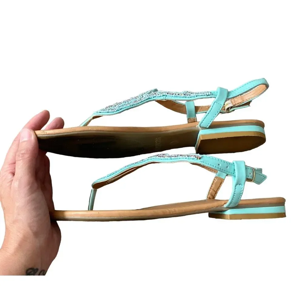 Maurices Sandals Womens Size 7 Sea Green Beaded Thong Ankle Strap Flats Shoes